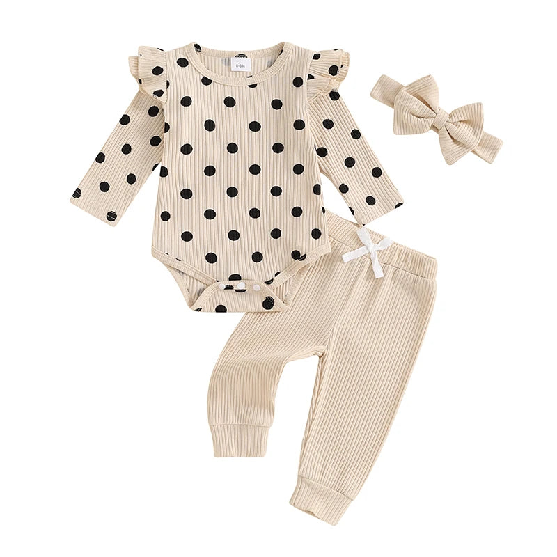 0-18M Baby Girls Fall Outfit, Long Sleeve Dots Print Romper with Pants and Bowknot Headband Clothing Set