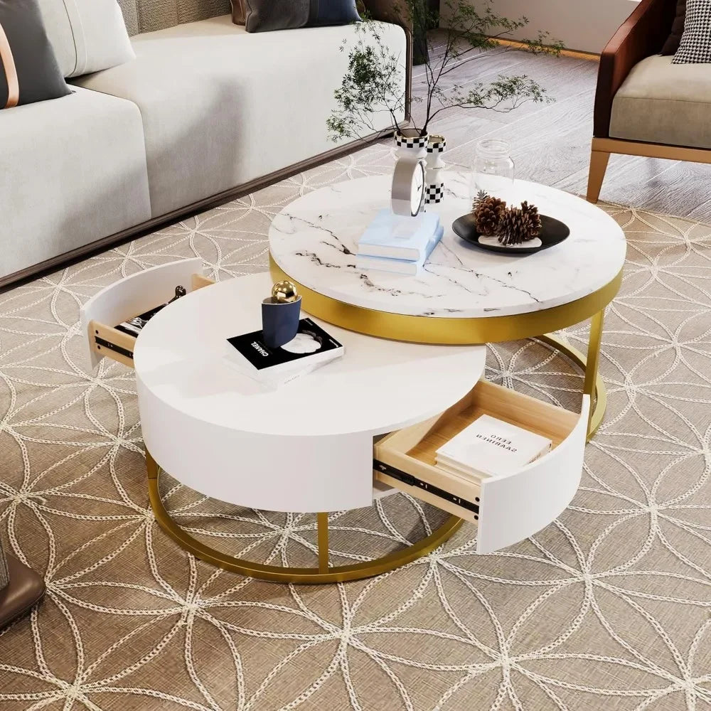 Modern Round Nesting Coffee Table with Drawers
