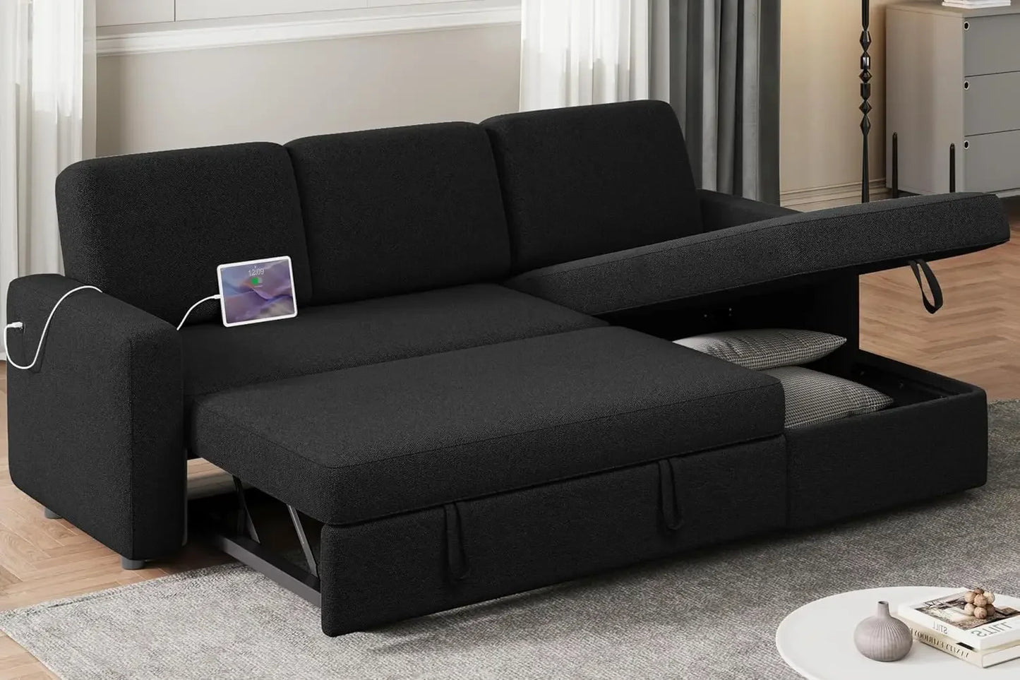 Reversible Couch Sleeper w/Pull Out Bed , USB & Storage Space