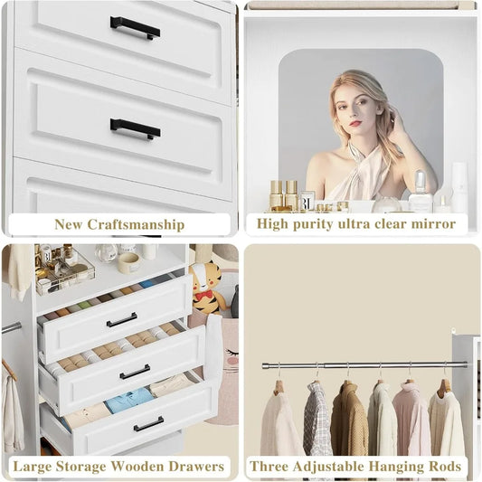 48" W - 96” W Closet System with Mirror, 8FT Walk in Closet Organizer Kits with Drawers and 3 Extendable Hanging Rod