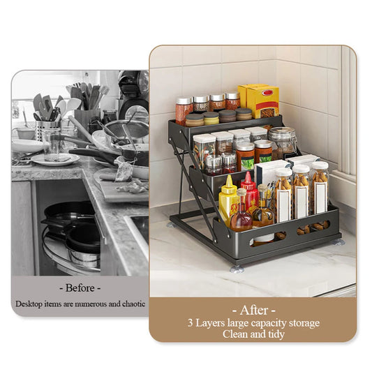3-Layer Carbon Steel Kitchen Spice Rack Adjustable Height
