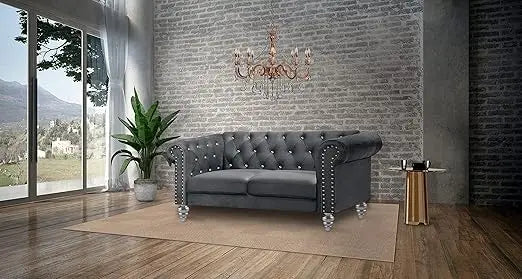 Glam Emma Velvet Two Seater Chesterfield Style Loveseat for Small Spaces with Crystal Button Tufts, Gray