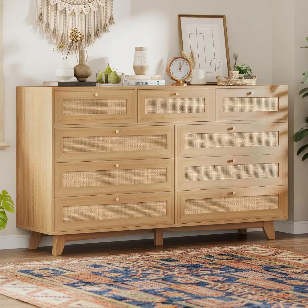 9 Drawer Dresser with Natural Rattan Drawers