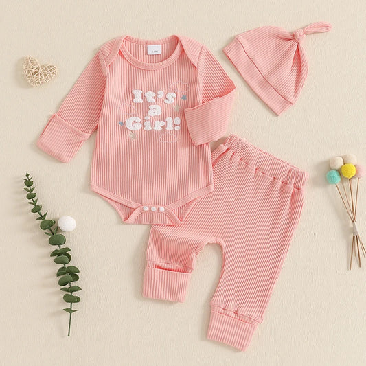 Baby Boys/Girls 3PCS Outfit, Long Sleeve Crew Neck, Letter Embroidery Romper, Solid Color Pants & Hat