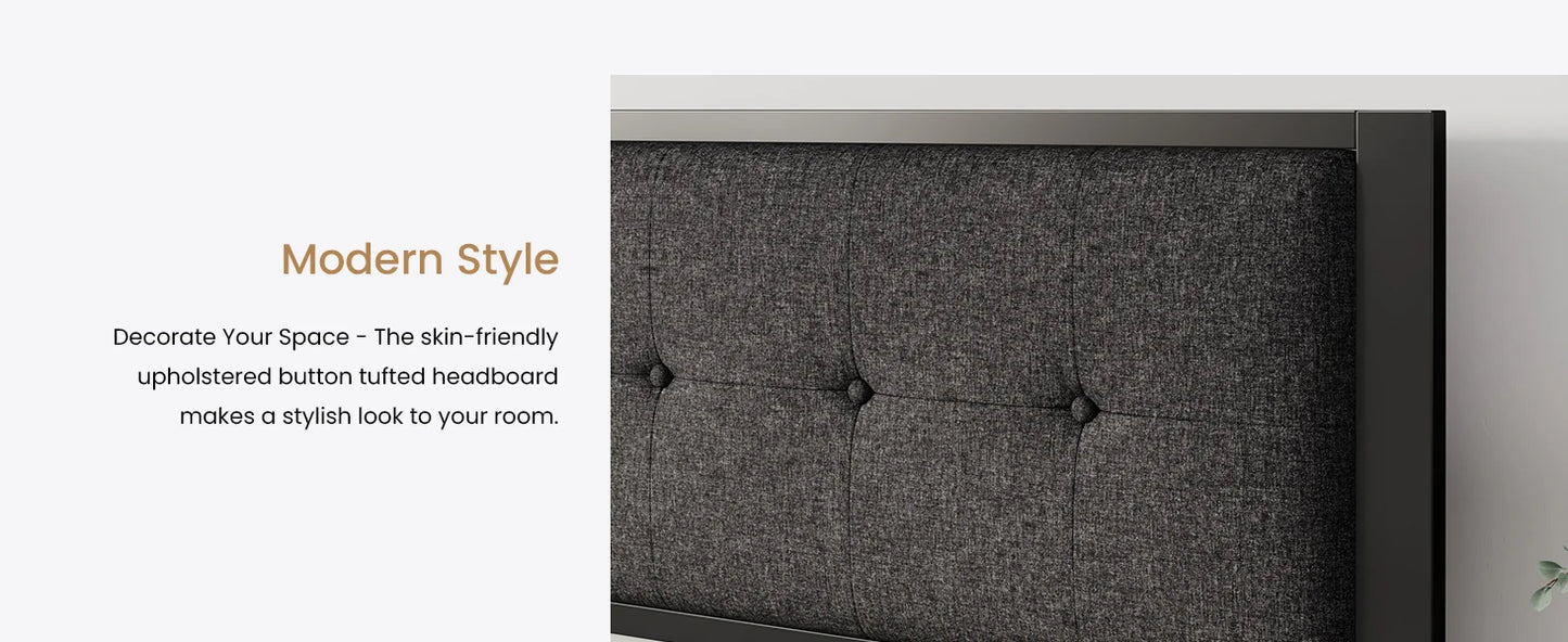 King Size Platform Bed Frame with Upholstered Headboard, Metal Slats Support, Noise Free