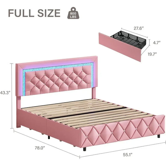 Platform Bed with Diamond Headboard and Footboard with LED, Storage Drawers