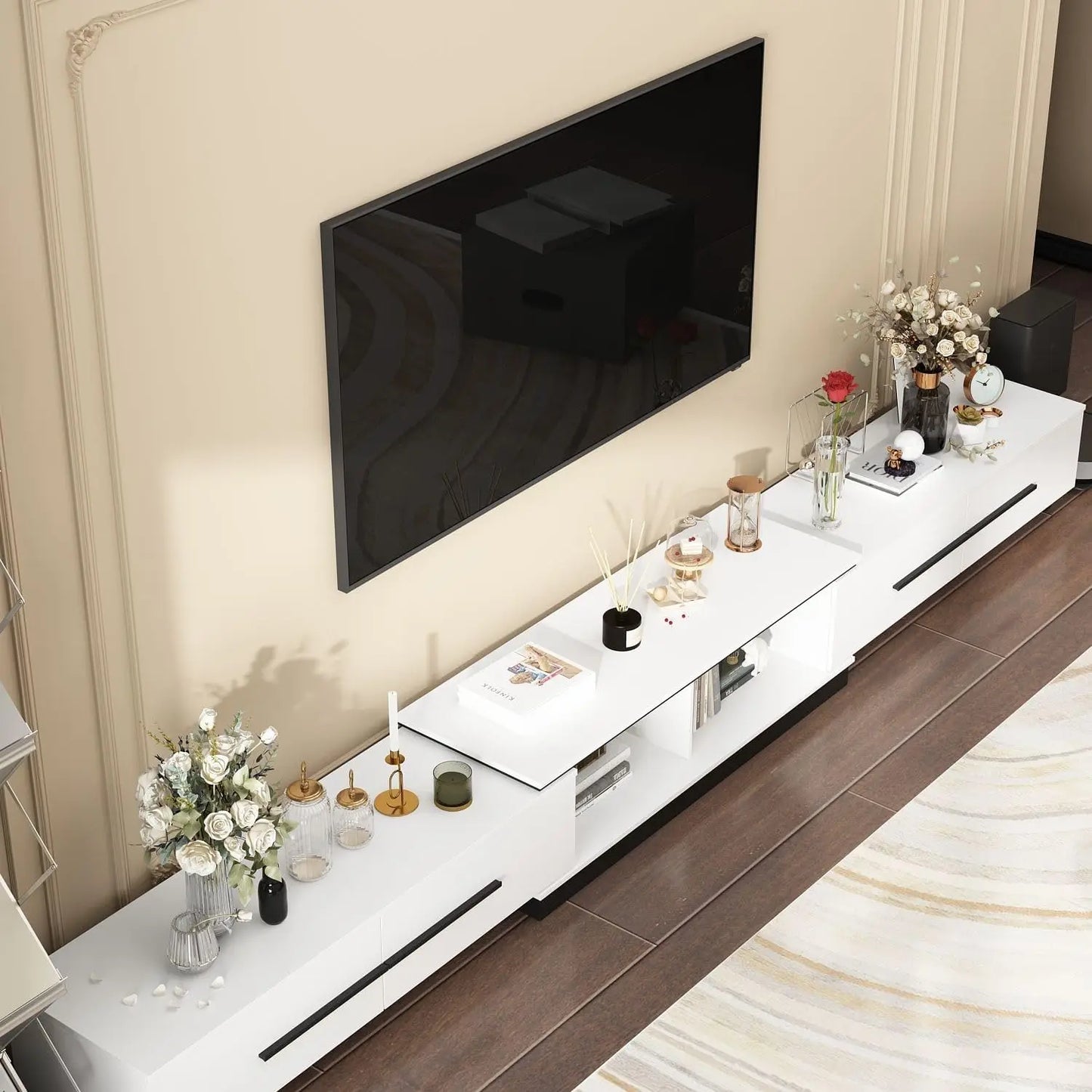 Extendable Media Console, Adjustable Length with Drawers and Legs