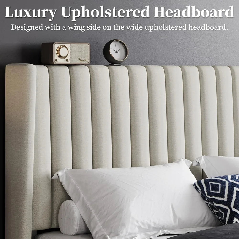 Upholstered Platform Bed - Fabric Headboard with Wing Edge Design | Wooden Slats Support, Non-Slip & Noise-Free