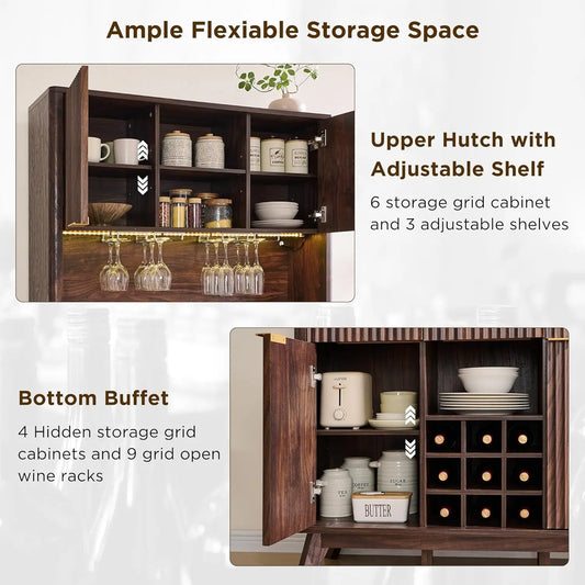 72" Modern Wine & Coffee Bar Cabinet w/ LED 10-Tier Shelf