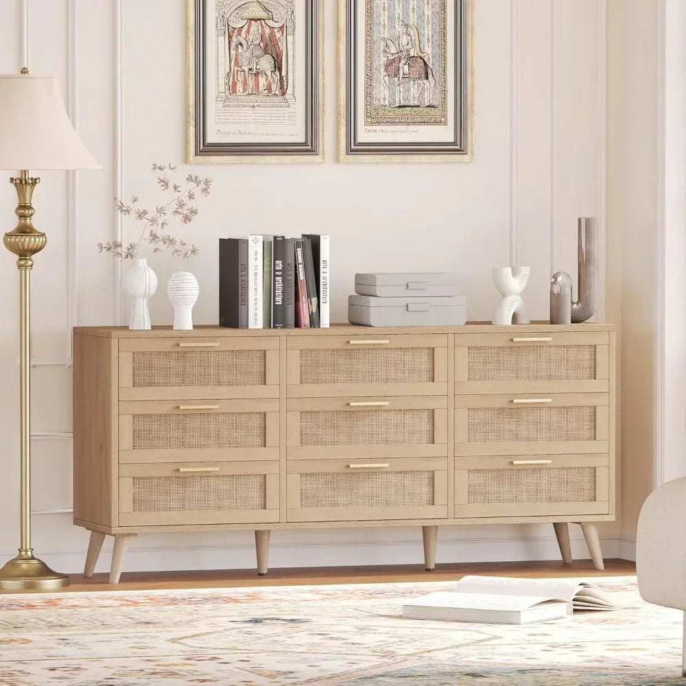 9 Drawer Double Dresser with Golden Handles