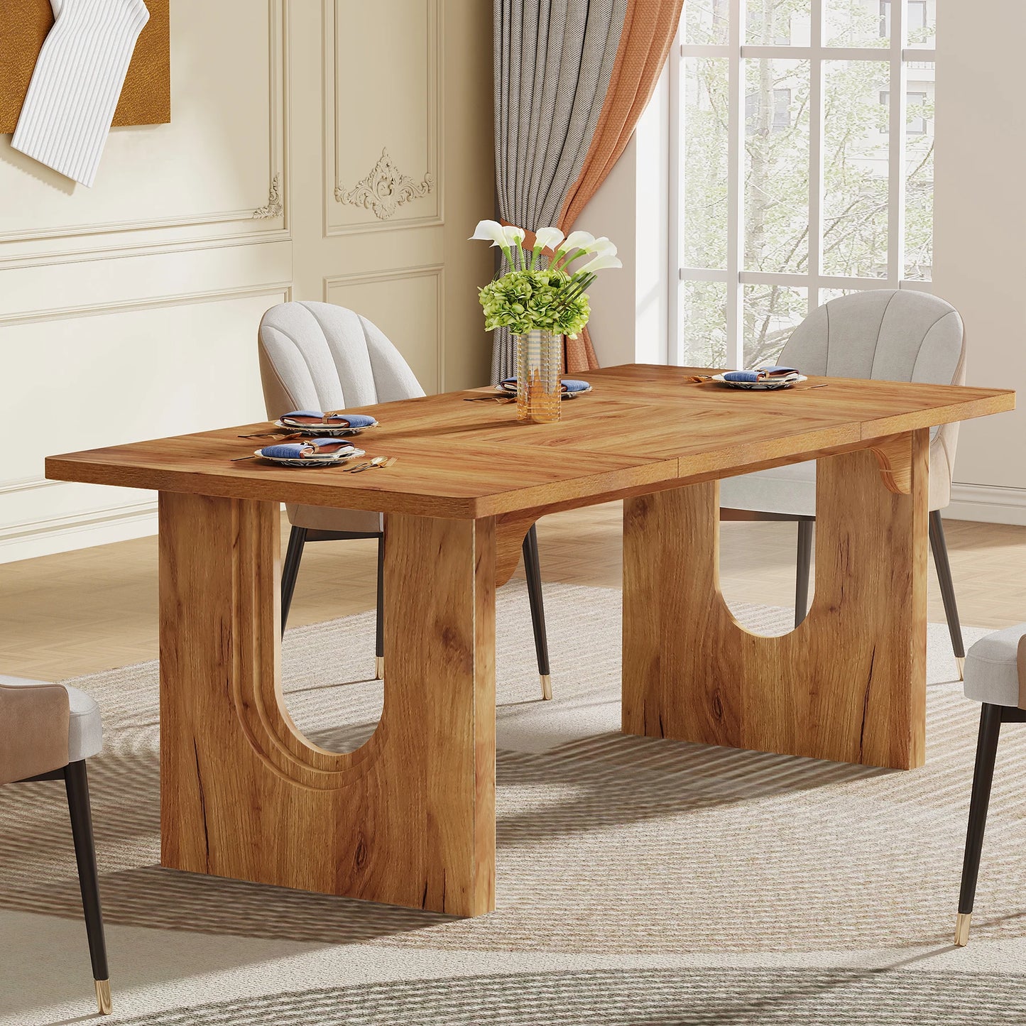 71" Large Kitchen Dining Table with Wood Pedestal Base, Seats 6-8