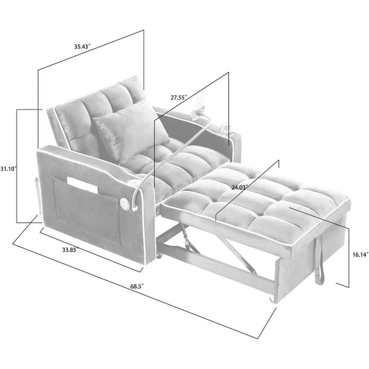 3 in 1 Convertible Sleeper Chair Bed with USB Ports, Cup Holder and Phone Stand