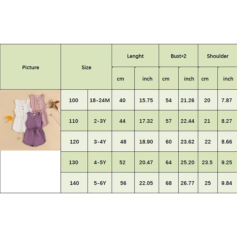 Little Girls Summer Casual Jumpsuit, Sleeveless, Crewneck, Solid Color Drawstring Tank Romper