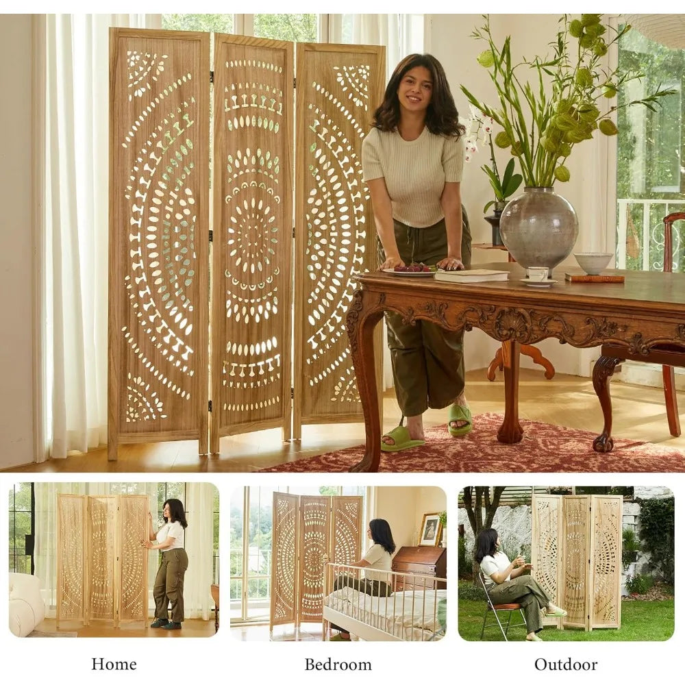 Wood Carved Wall Divider Folding Portable Partition Screen