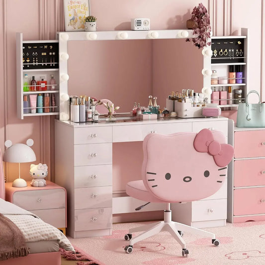 Vanity Desk with Power Outlet, Mirror and 14 LED Light, 3 Lighting Modes,11 Drawer Vanity Table , White