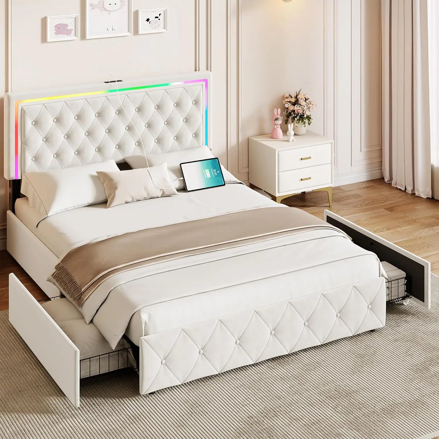 Queen Size Bed Frame with Storage, LED, Adjustable Headboard, Upholstered Velvet
