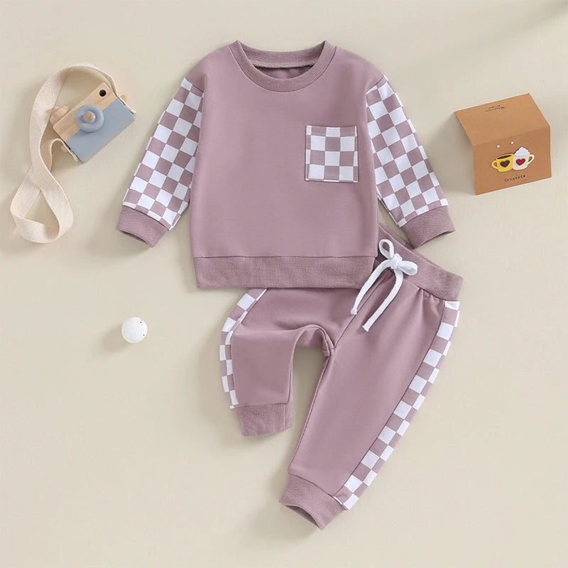 0 MO-3Y Girl Clothes Outfits, Long Sleeve, Checkboard Sweatshirt and Pants Set