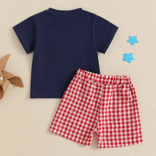 6MO-3T Baby Boy 4th of July Outfit, Short Sleeve Truck/Flag Embroidery T Shirt + Shorts