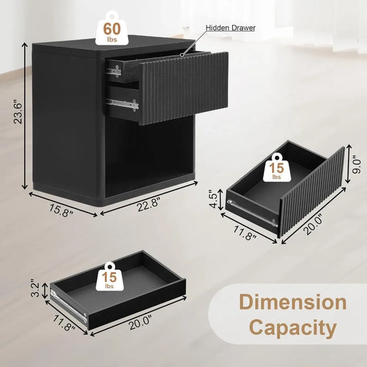 Set of 2, 22.8" W Nightstand  with Hidden Drawers and Open Shelves