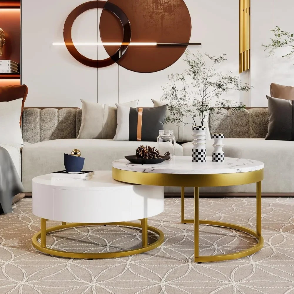 Modern Round Nesting Coffee Table with Drawers