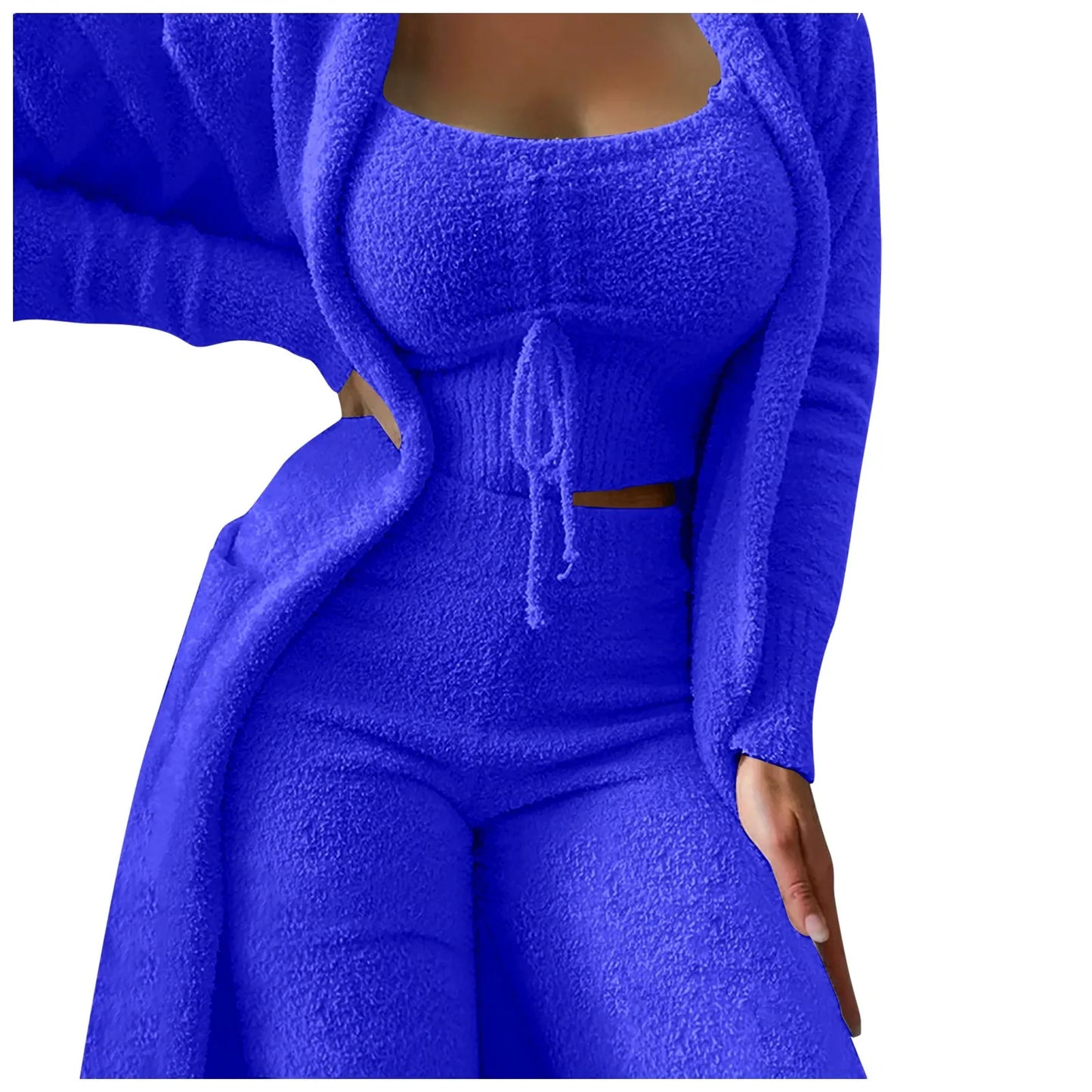 Women'S Fleece 3 Pc Loungewear, Spaghetti Strap Crop Tank, Wide Long Pants, Fuzzy Kimono ,