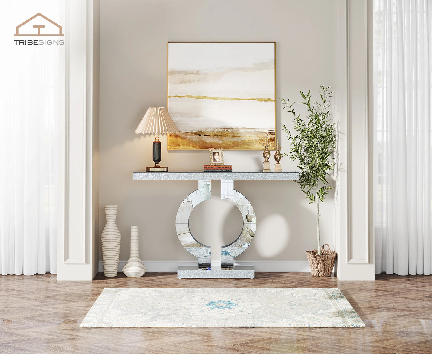 43.3-Inch Mirrored Console Entryway Table with Mirror Finish Tabletop