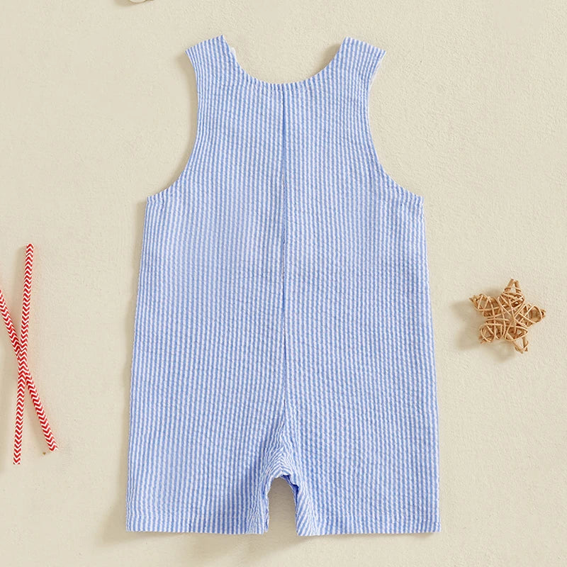 0-24 mo. Baby Boy 4th of July Romper, Star Letter Striped Sleeveless Overall Bodysuit