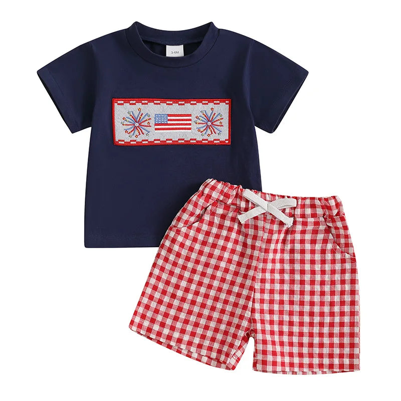 6MO-3T Baby Boy 4th of July Outfit, Short Sleeve Truck/Flag Embroidery T Shirt + Shorts