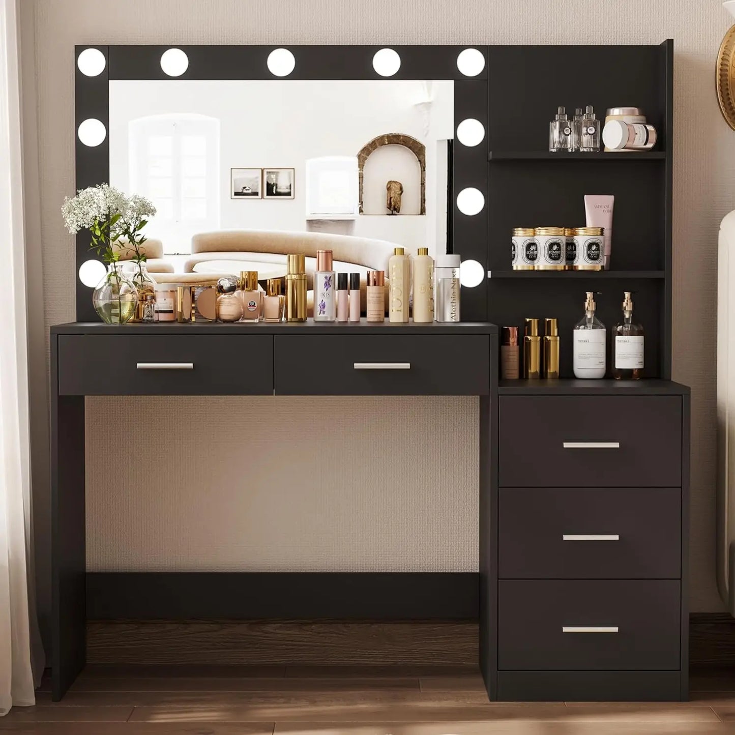 46.7" Large Vanity Desk with Lighted Mirror, Shelf & 5 Drawers