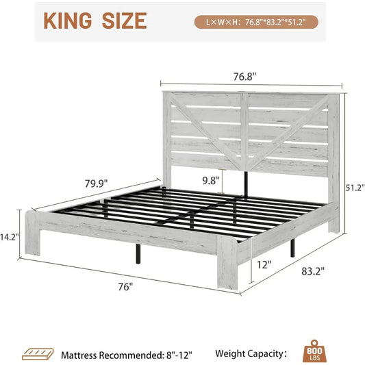 King Size Wooden Bed Frame with Headboard, Charging Station & LED Lights