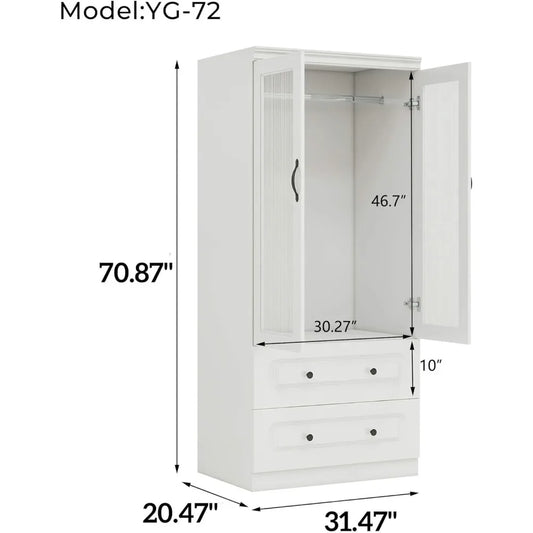 2 Acrylic Doors Wooden Armoires with Hanging Rod, 2 Large Drawers