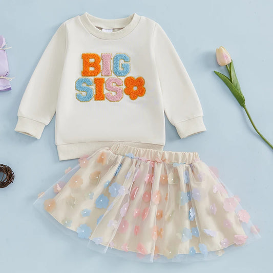0 MO-5Y Kids Girls Skirt Set, Long Sleeve Embroidery Letters Sweatshirt with Flower Tulle Skirt 2-piece Outfit