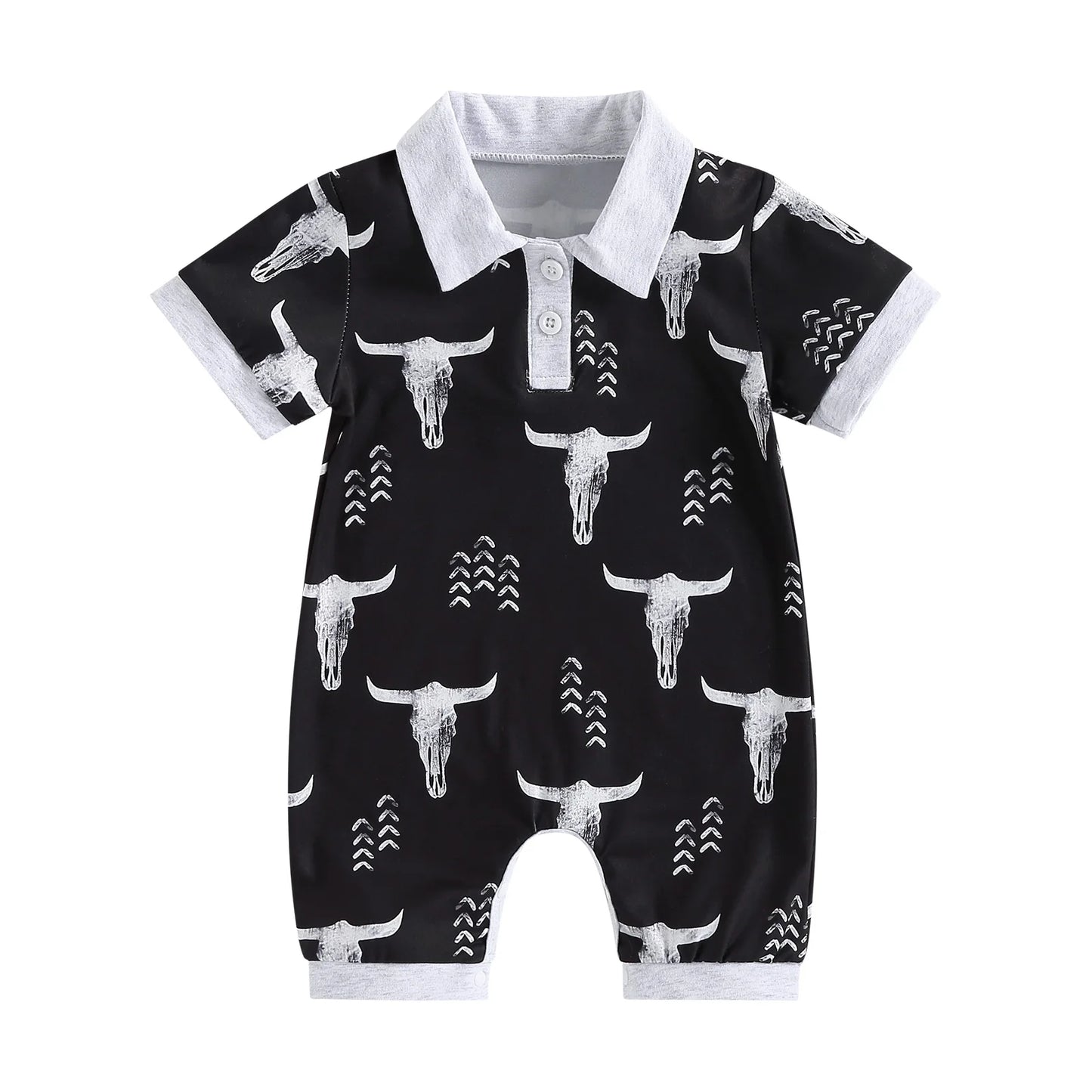 0-18 mo Infant Baby Boys Jumpsuit, Casual Head Print, Short Sleeve Romper
