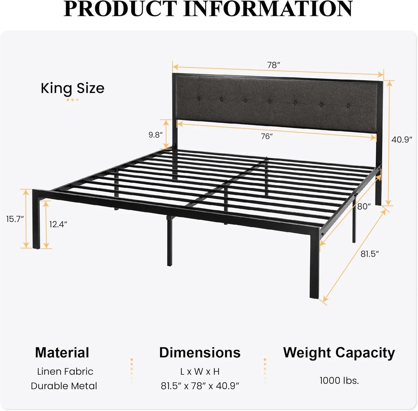 King Size Platform Bed Frame with Upholstered Headboard, Metal Slats Support, Noise Free