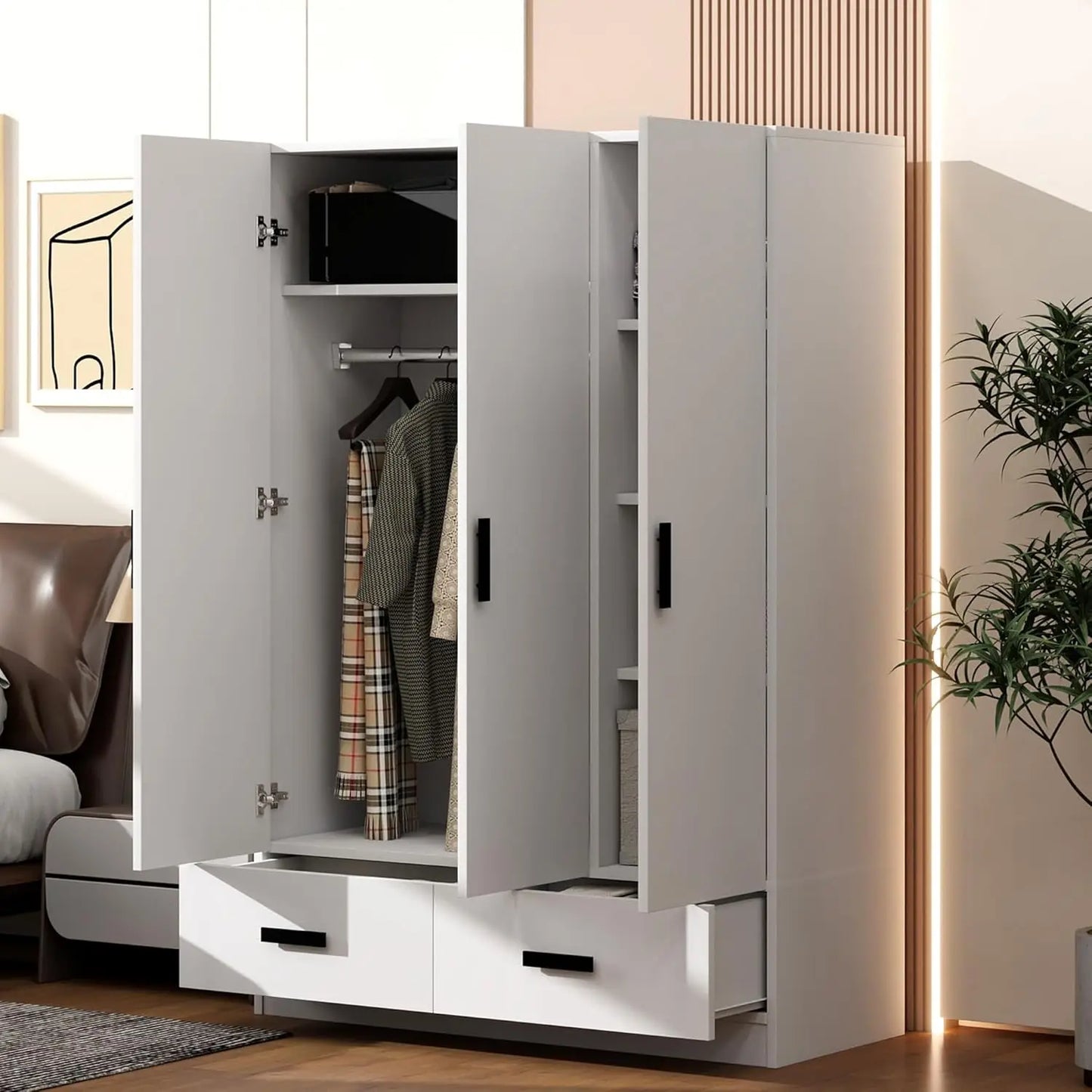 4-Door White Wooden Armoire Wardrobe Closet with 2 Drawers and 2 Hanging Rods