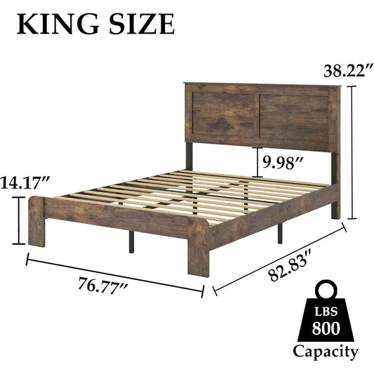 Wood Platform King Bed Frame with Headboard and Wood Slat Support, Noise-Free,Easy Assembly, No Box Spring Needed