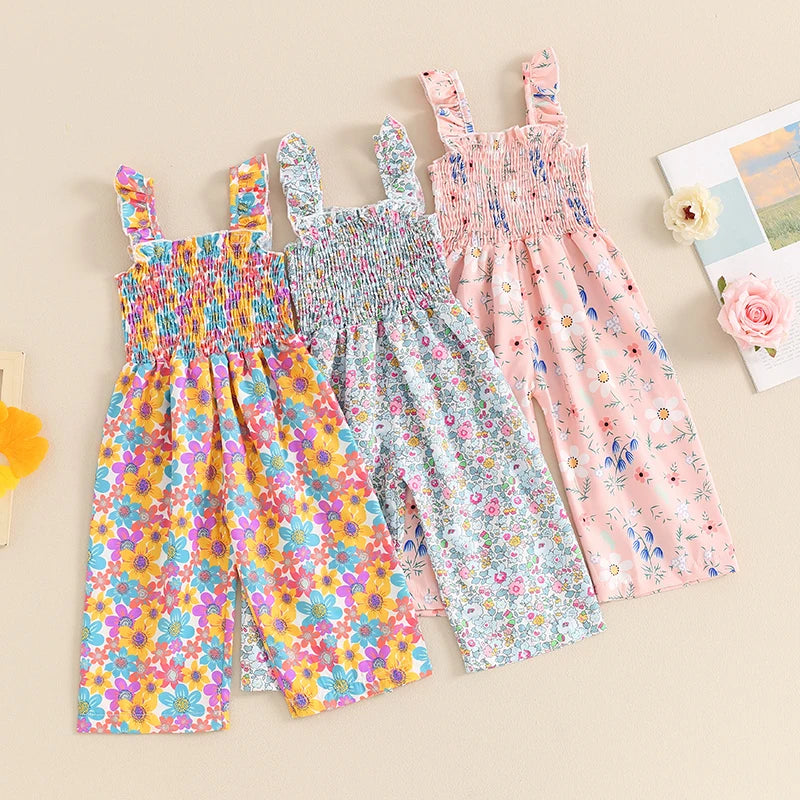 12MO-4T Lovely Baby Girls Summer Jumpsuit, Sleeveless Strap, Floral Print, Wide Leg Pants