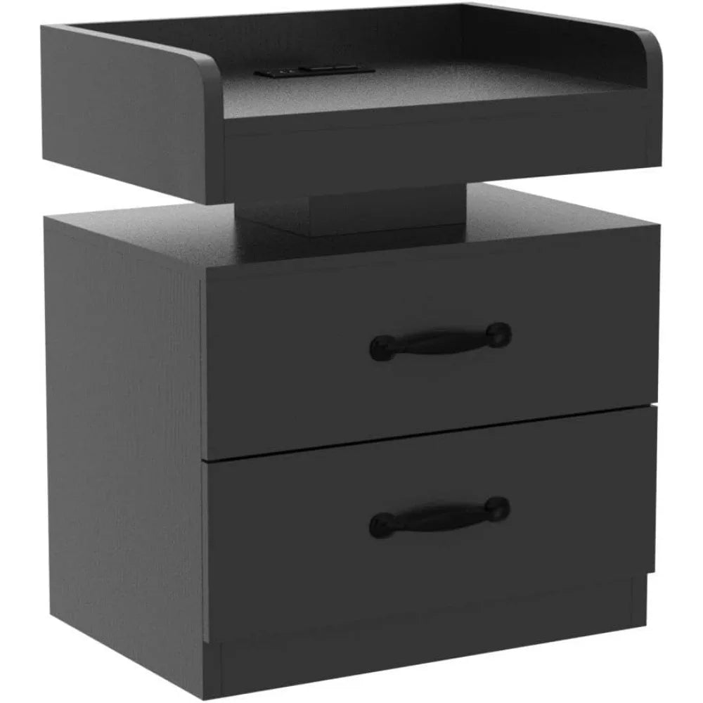 Black Nightstand with Charging Station, LED Lights