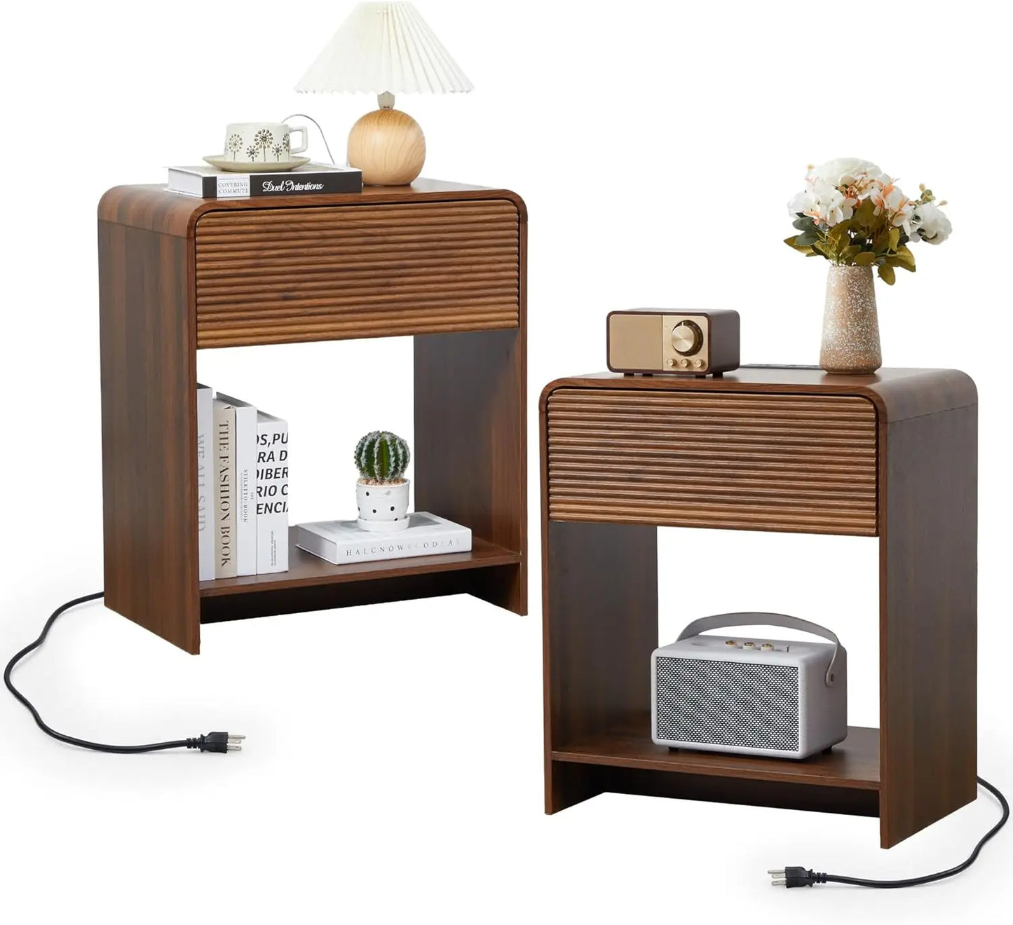 Set of 2, Nightstands with Charging Station, Drawer Storage