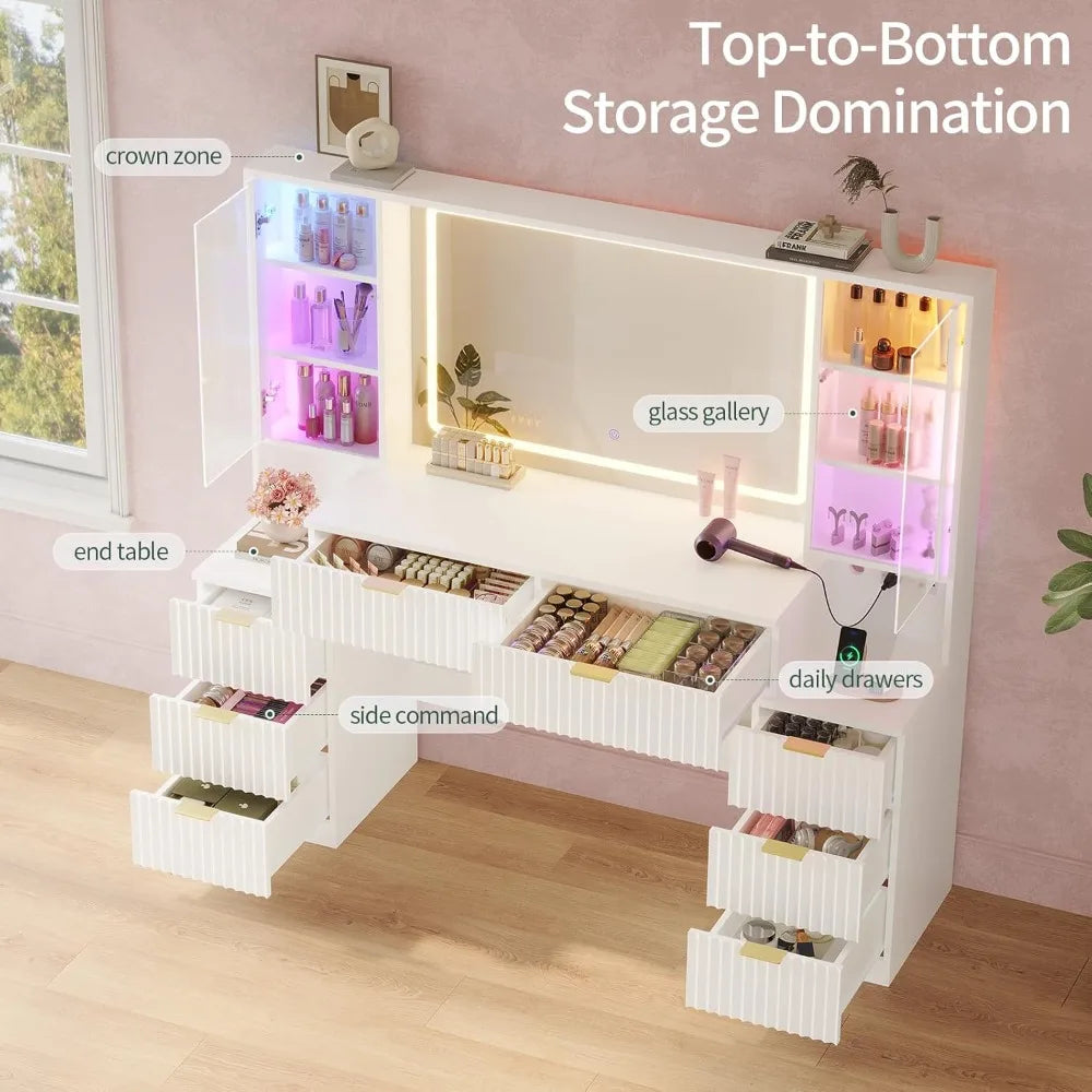 59.1" Vanity Desk with Mirror and Sound Sync LED Lights, 8 Drawers,