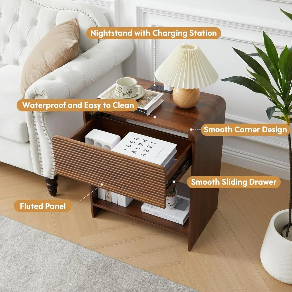 Set of 2, Nightstands with Charging Station, Drawer Storage