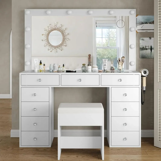 Vanity Desk with Mirror Power Outlet,12 LED Lights, and 11 Drawers