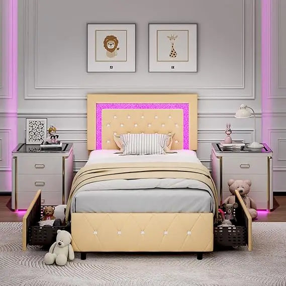 Faux Leather Upholstered Bed Frame with Diamond Headboard, LED Lights and Storage Drawers,