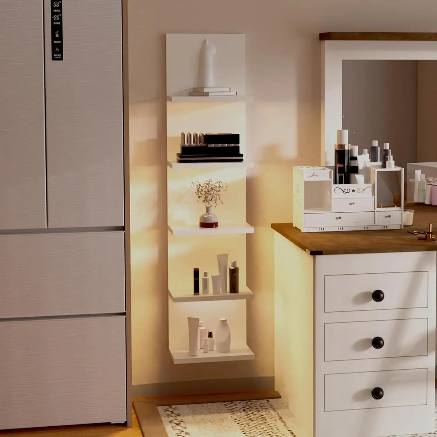 5 Tier Wall Shelf with Light, Wall Mount, Floating Column