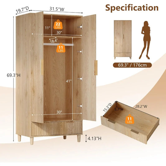 Wardrobe Armoire with Doors And Drawers, with Hanging Rack, Oak
