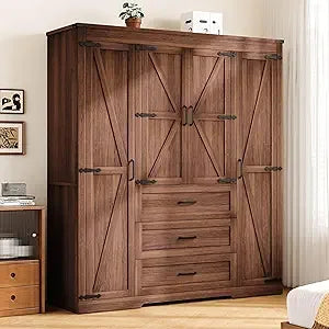 4 Door Armoire with 3 Drawers, Hanging Rod and Adjustable Shelves