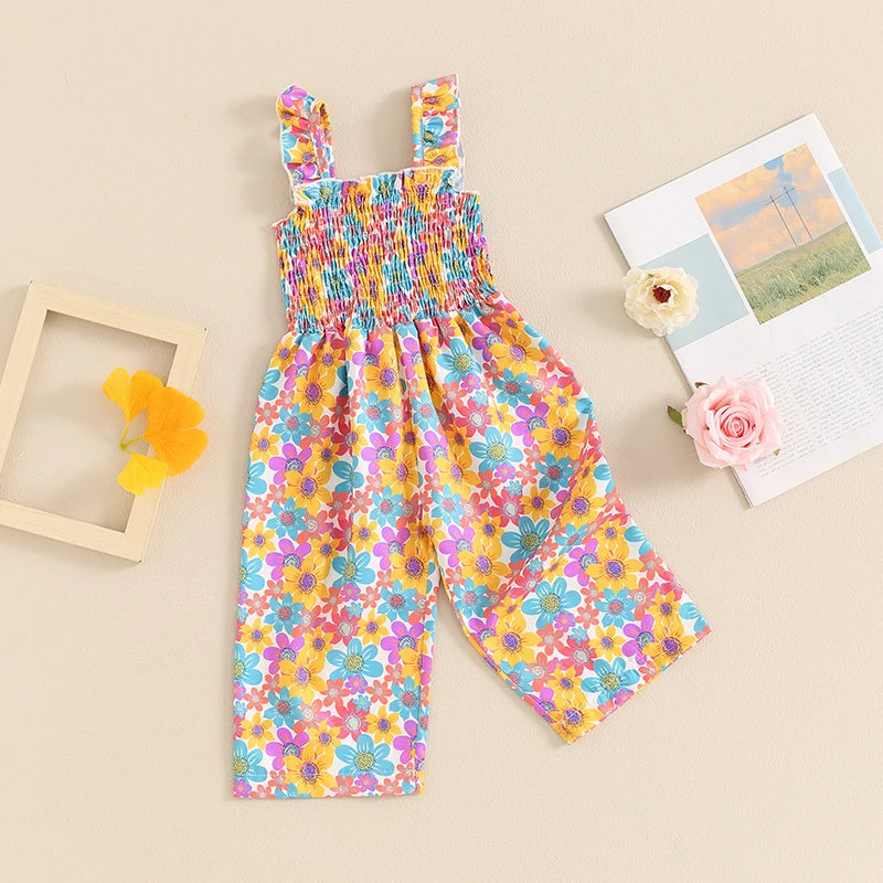 12MO-4T Lovely Baby Girls Summer Jumpsuit, Sleeveless Strap, Floral Print, Wide Leg Pants