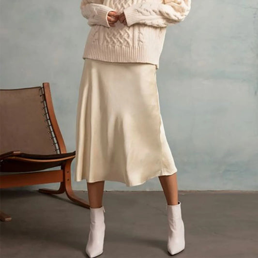 Womens Elegant Satin Skirt, High Waist, Midi Length, Satin Silk, Solid Color Office Work Skirts