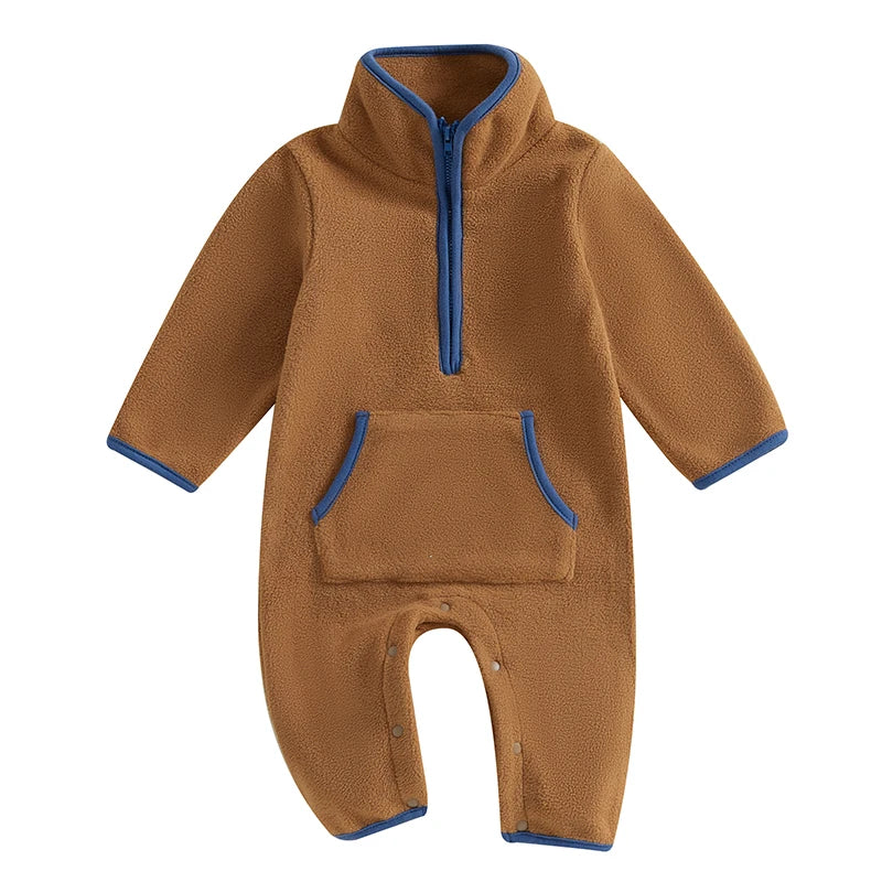 3-12M Autumn Winter Baby Boys Fleece Romper, Long Sleeve, Stand Collar, Pockets