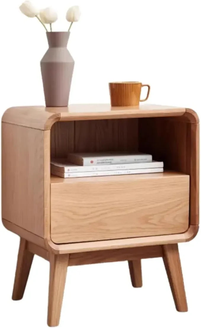 100% Solid Oak Wood Nightstand with Drawer & Storage Shelf